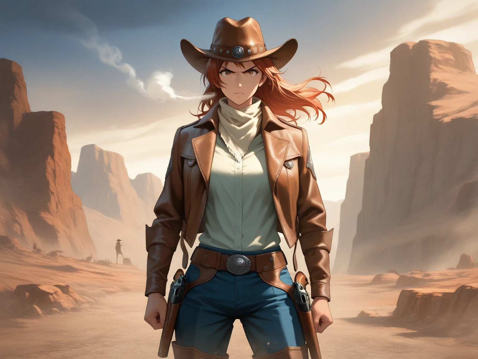 cowboy,a girl,cowboy hat,leather jacket,Red hair,Caucasian,freckle,beautiful,desert,Horizontal light and shadow,Disney style,masterpiece, best quality,, Maximum details, Intricate details, very clear