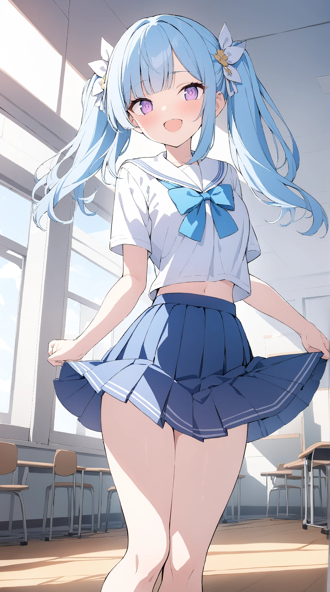 (Highest quality)、((Super detailed))、(Ultra delicate)、Cute  girl、Dazzling bright hair、Shining blue eyes、Beautiful white lace sailor suit、Beautiful breasts、Beautiful thighs、School classroom、Ass、Beautiful woman looking back