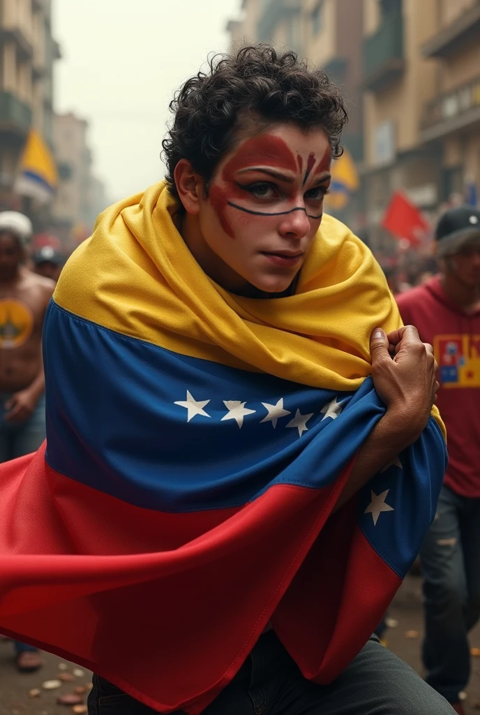 Angry man raises Venezuelan flag