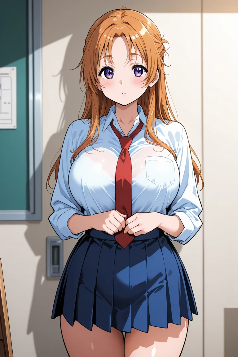 1 woman, (solo), tall woman, long orange hair, straight hair ,orange eyes, (high school student), (17 years old), (Full Breasts), High Height,masterpiece, high resolution, shiny, full body, beautiful,A cute smile that makes the viewer happy, highly detailed beautiful face and eyes,looking at viewer, (school uniform , cardigan:1.2), (high school, high school classroom:1.2), ((big ass)), (black panty:1.2), (best quality: 1.4), school classroom, from front, ((her skirt is turned up)), ((her skirt is folded over)), ((stick out one's buttocks)), (close up hip), beautiful, high socks, (embarrassed, nose blush:1.3) ,(vulgarity:1.2),(fucked silly:1.2), (trembling:1.1),(tears:0.8) ,(drooling:0.7), (evening, late afternoon, dusk:1.2), (sexy:1.2),