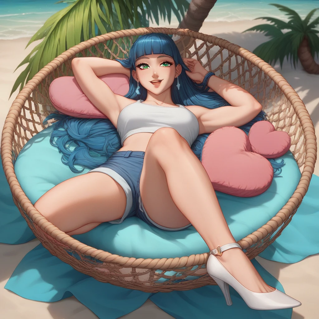 Masterpiece, high quality, High Definition, definition face, a woman, serious face, black hair, short with braid, (Marnie from pokemon) with a swimsuit, background beach, with an umbrella and lying on a blue lounge chair, resting, with a drink table, whole body, bare feet, soles
