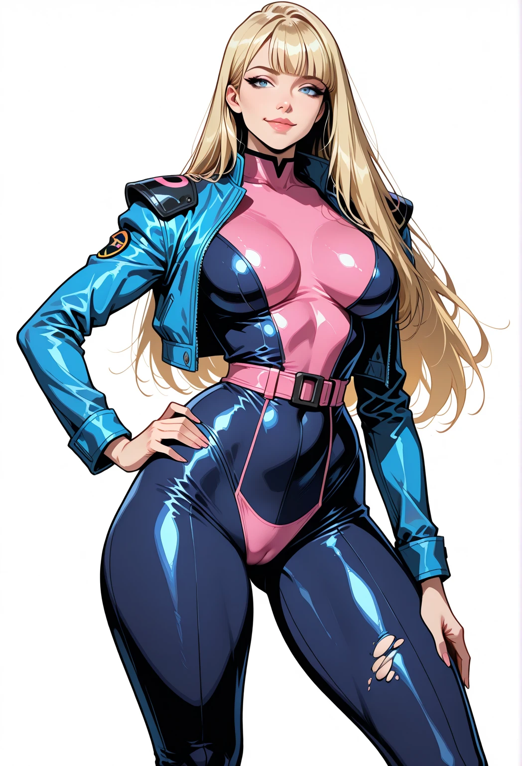 1girl, solo, (gorgeous woman) is a very sexy bimbo, light blue eyes, massive fake breasts, fake tits, plastic surgery, huge breasts, hourglass body, firm thighs, toned body, firm butt, full lips, glossy lips, hyper feminine, blond hair, Farrah Fawcett hair style, smooth skin, hot pink slingshot battlesuit, leather choker, fake ass, massive fake butt