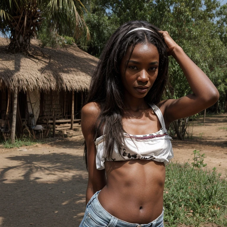 Black african tribe woman, naked, showing genitals, smiling, in an african village