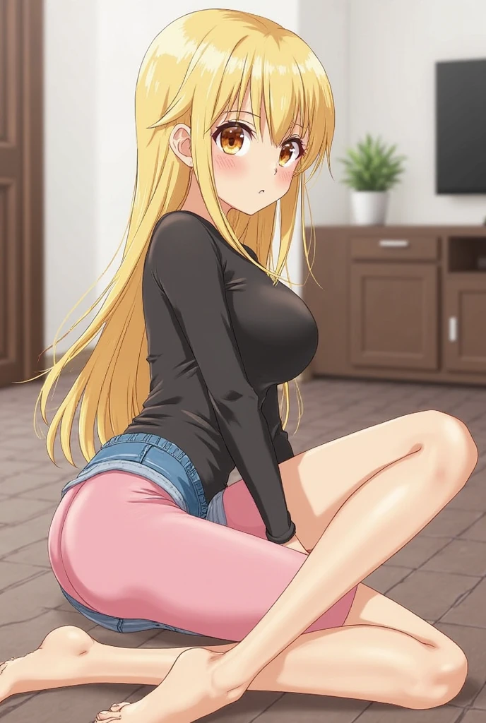 (masterpiece, Best Quality:1.2), absurdities, perfect anatomy, 1 girl, full body, looking at the viewer, blunt bangs, ( Denim shorts:1.1), Focus only, Soft lighting, (blue eyes), blonde hair, very long hair, twintails, Airi Akizuki, medium breast, striped tights, she is kneeling, no bra, nipples,