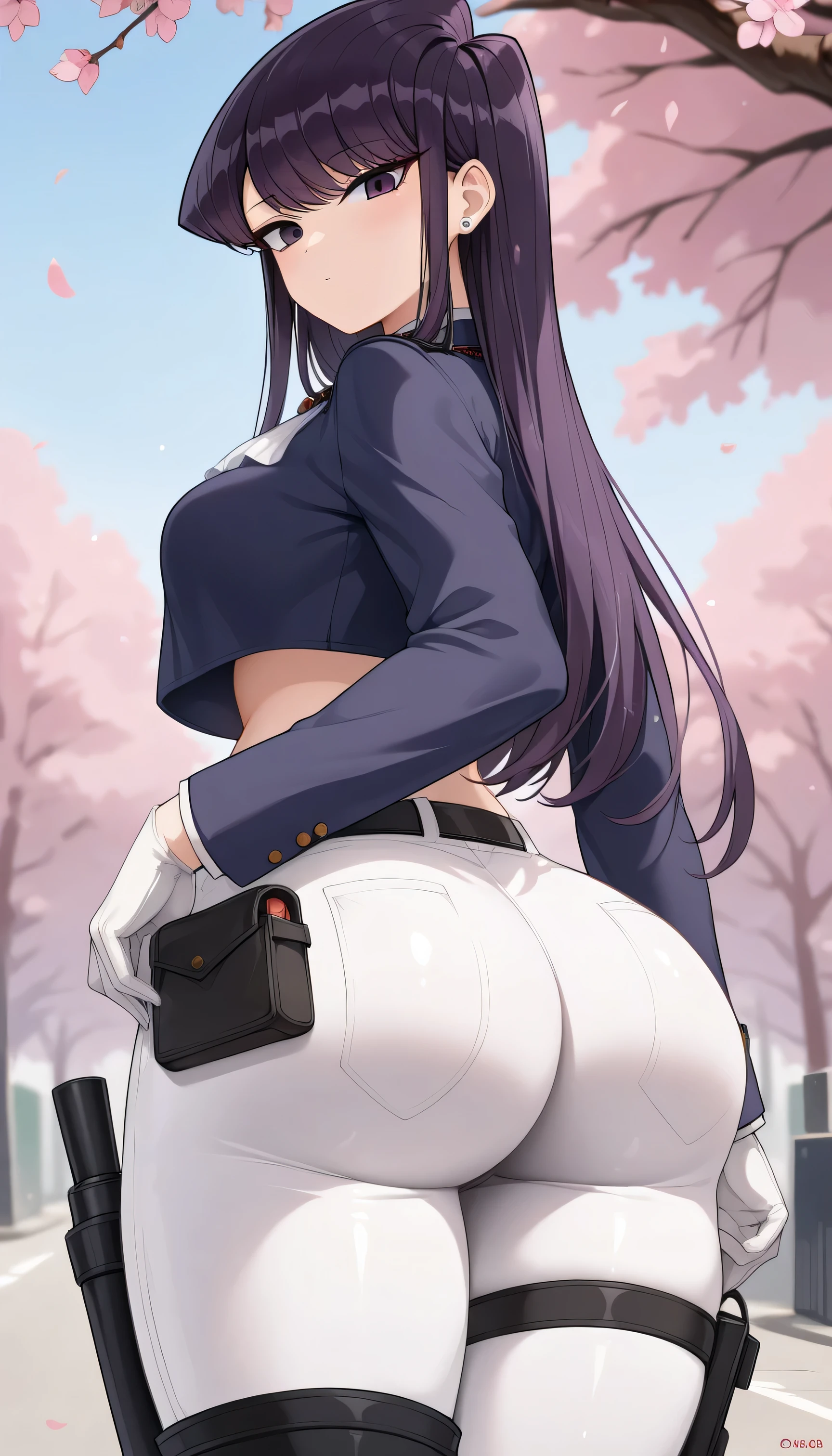 cowgirl's massive bent over rear butt cheeks from behind out of bottomless tight long-sleeve shirt out bare and wet boots spreading her legs, gloved hands hidden behind head, sunglasses