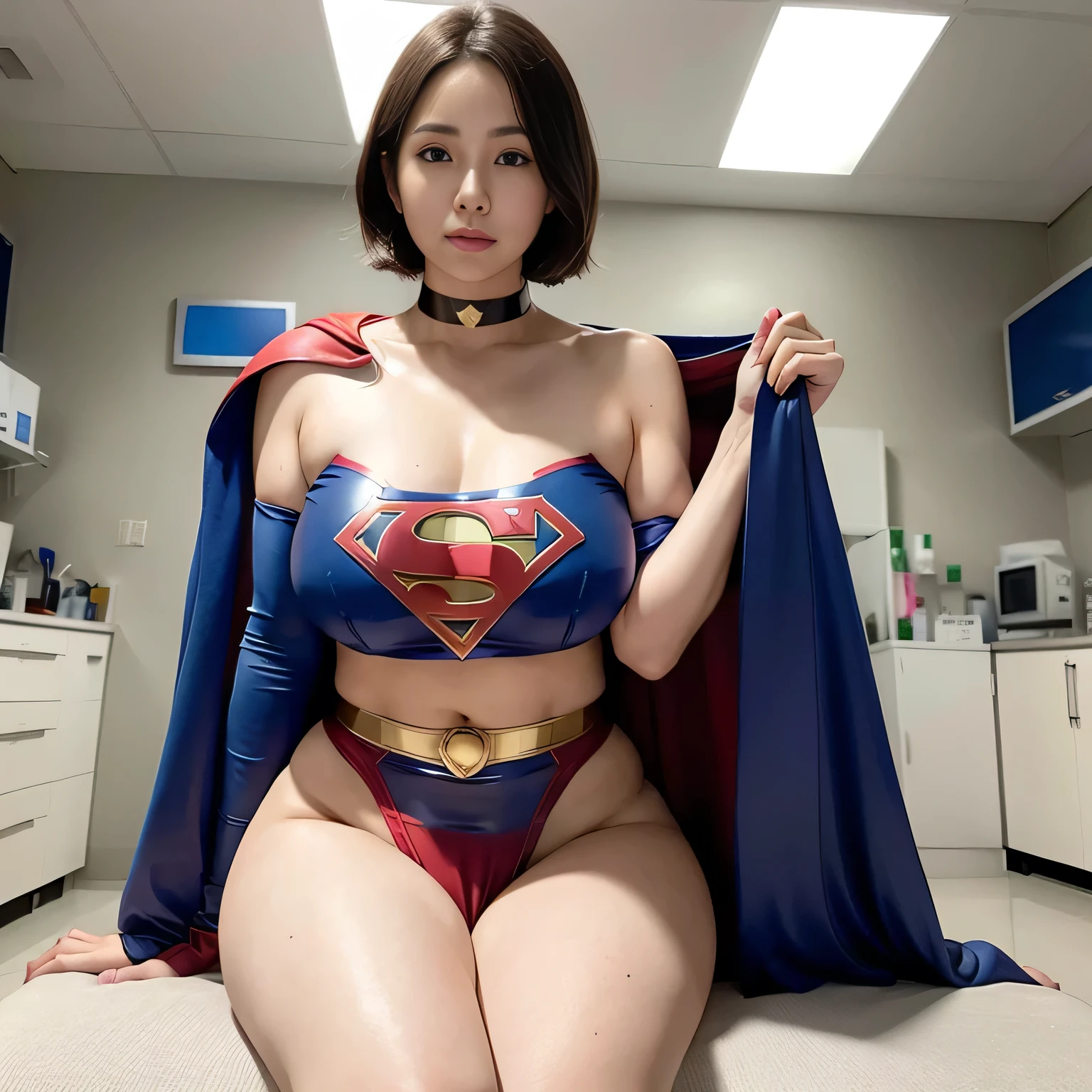 masterpiece、Rubber Supergirl Costume、short hair、barefoot、Big and ample breasts、shiny sweaty skin、looking at the camera、choker、Long sleeve、Sexy poses to seduce、Off the shoulder、latex、From the front、In front of the laboratory equipment in the examination room、High leg leotard、Cape、Glamorous cleavage、Photo magazine cover、Boasting beautiful legs、Nymphomaniac young wife in her 30s、Close-up shot from a close distance、Glamorous bare legs、