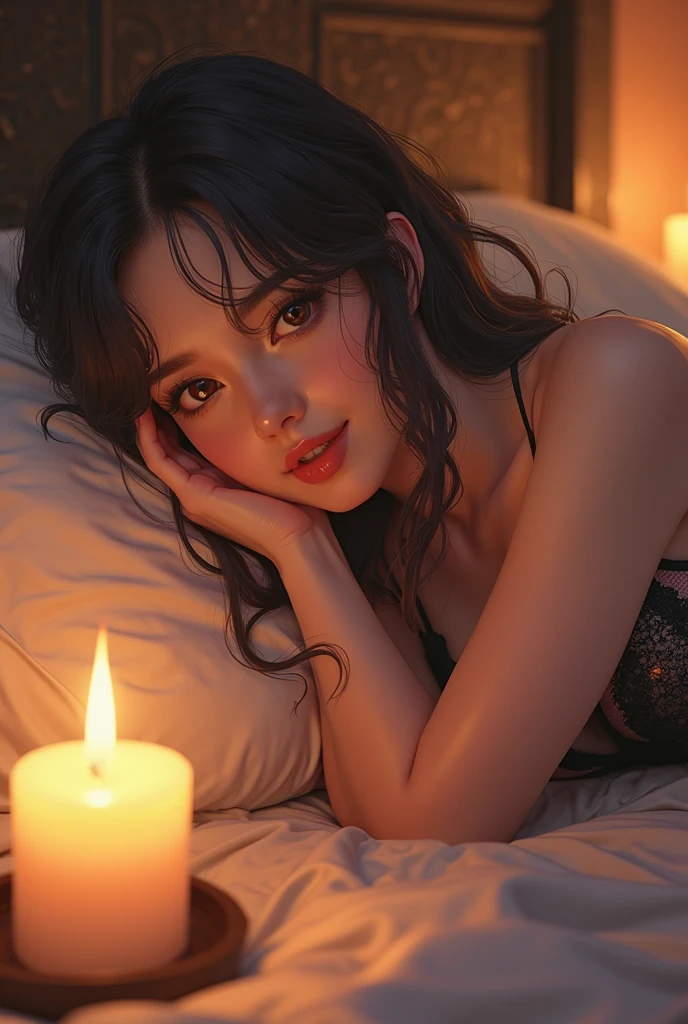 (1girl), Extremely cute face, Amazing face and eyes, (Highly detailed eyes, Highly detailed face), fresh, Very clean appearance, (Hyper-realistic, hight resolution), (Best Quality:1.4), Raw photo, (Realistic, Photorealsitic:1.37), Professional Photography, (floral pattern yukata:1.25), (Amazing big:1.1), (Open yukata), (Bare shoulders), Smile slightly, (Lying face up on a futon:1.5), (Staring at me), Bedroom, futon bedding, pillows, floral screens, Relaxing, (It's pitch black in the bedroom:1.6), (Only the brightness of one candle:1.5),