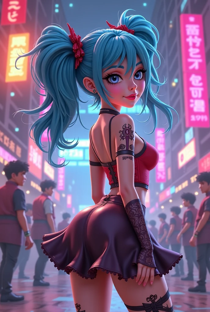 crisp image, score_9, score_8_up, score_7_up, source_anime, 1girl, green hair, glossy skin, sweaty skin, oiled skin, highly detailed, goth, bangs, eyeliner, blush, BODY HALTER, choker, sci-fi clothes, cleavage, clothes, perfect eyes, tattoos, makeup ruin, lewd smile, happy, huge breast, background location strip club, cyberpunk, city skyline, low light, neon light, neon, glowing, cinematic lighting, volumetric lighting, red color lighting, sexy pose, Speech bubble, (says daddy), floating hearts, stand up, view from down, looking up at viewer,bimbo