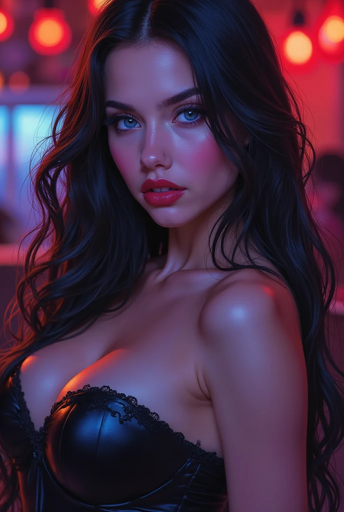 Image of an extremely beautiful woman with very blue eyes, long jet black hair, full lips, small nose, very beautiful, In a VIP bar, phosphorescent lights in the background, dressed in a black leather top with a strapless sweetheart neckline,  sitting, very beautiful 