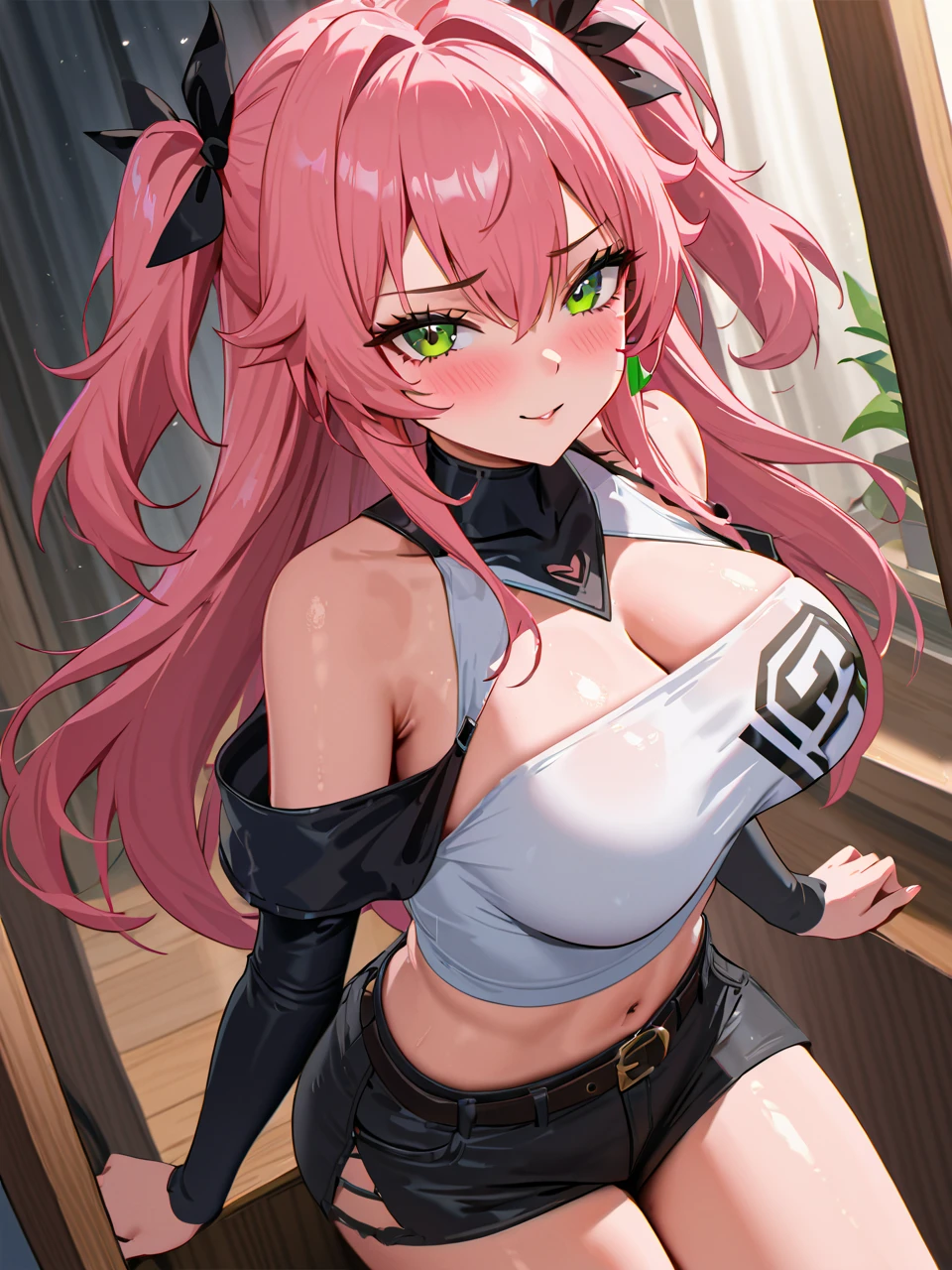 Masterpiece, best quality, highres, green eyes, pink hair, huge breasts, cleavage, tanktop, shorts, navel, indoors, bed, hanging breast, blush