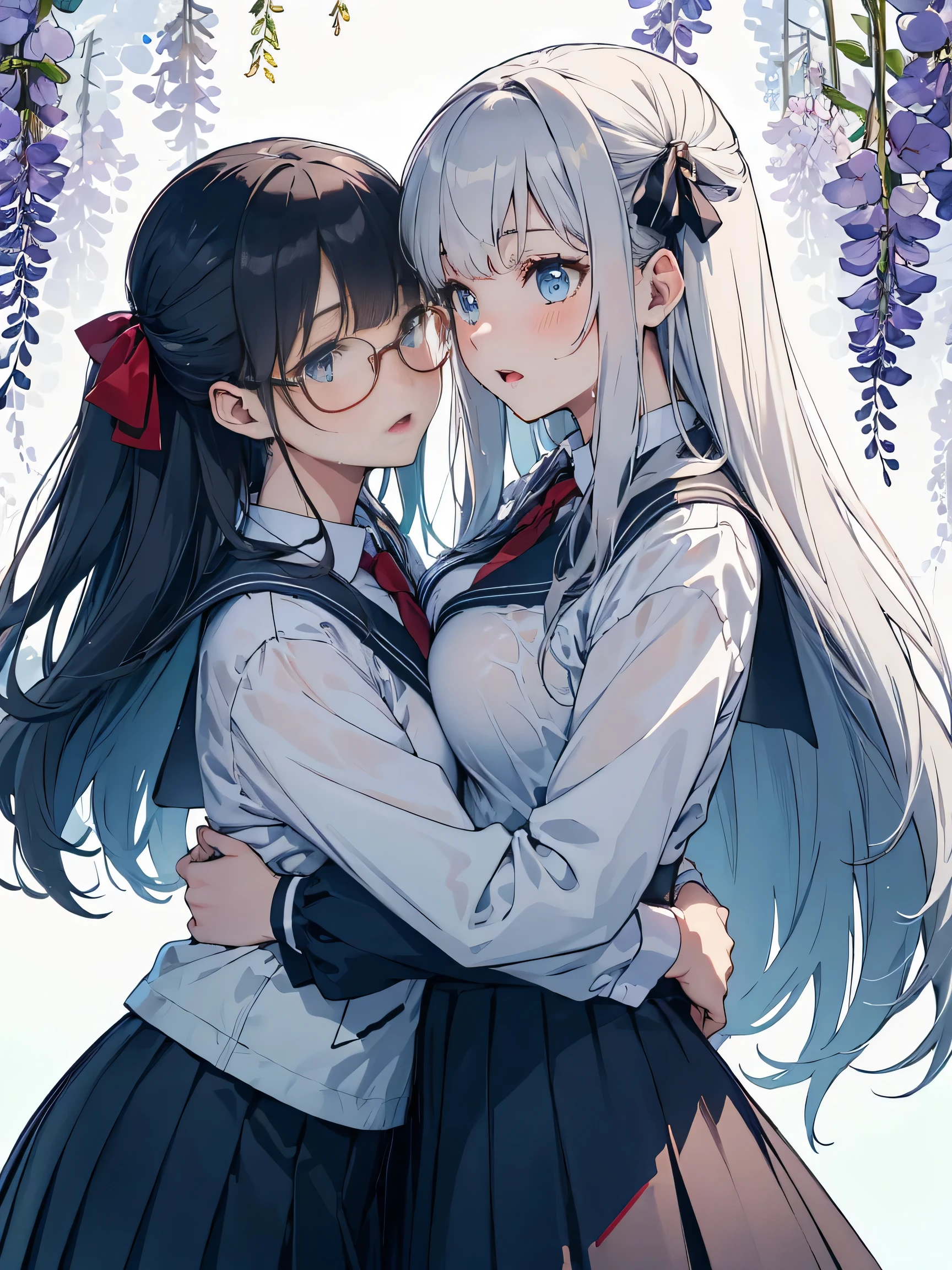 (score_9, score_8_up, score_7_up), source_Anime, absurd_res, white, blue, black, 2girls, duo, multiple girls, upper body, super fine illustration, an extremely delicate and beautiful, best quality, masterpiece, 8K, spring setting, wisteria flowers, gentle breeze, sunlight filtering through trees, BREAK
left girl is(long silver hair:1.3, two side-up:1.2, blue eyes:1.2, hair ribbon with black, ample breasts, white sailor school uniform:1.3, red tie, black pleated skirt, wet clotch, wet body, ultra-beautiful girl), BREAK
right girl is(long black hair:1.3, half updo:1.3, brown eyes, wearing glasses:1.3, round eyewear:1.3, round_glasses22A:1.3, hair ribbon with light blue, ample breasts, white sailor school uniform:1.3, red tie, black pleated skirt, wet clotch, wet body, ultra-beautiful girl), BREAK
fluttering hair, blushing faces, surprised expression, embarrassed reaction, yuri:1.3, lesbian foreplay:1.3, looking at each other:1.3, face-to-face:1.3 mutual hug:1.3, breast press:1.3, dynamic pose, soft fabric movement, fluttering petals, warm and bright atmosphere, soft lighting, delicate color palette, detailed clothing folds, flowing hair, lively spring vibe, highly detailed rendering, breathtaking composition,