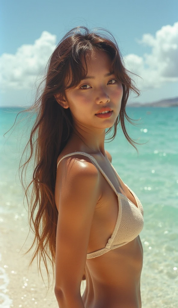 ((Highest quality)),((8K)),(Genuine)、(detailed)、(Beach)、(Bust up shot)、(Big Breasts)、Golden ratio of face to shoulder width、繊細でdetailedな鮮やかな美しい色の衣裳:1.4、Micro Bikini、Shiny Hair、Curvy Bob Cut、Glowing Skin、Japanese、beauty、Looking into the camera、Thick lips、cute、Hehehe:1.2、Shot with a film camera、RAW shooting、#24、Genuine、フォトGenuine:1.4、Photon Mapping、Physically Based Rendering、Perfect Anatomy、detailedなデコルテ、detailedな目、detailedな二重、detailedな咬筋、detailedな鎖骨、Perfect Fingers、Finger Description、(品質 8K)、((White skin))、Avoid mascara、Hair with movement、detailedな毛穴、Natural light、detailedな描写、Blushing、Fine pores、Perfect cleavage、masterpiece、Blushing、Hair with movement、detailedな腹筋、Sparkling、Cowboy Pose、sexy、detailedな脇の下、(Big Breasts)、face closeup 、(Upper Body)、detailedな目元、