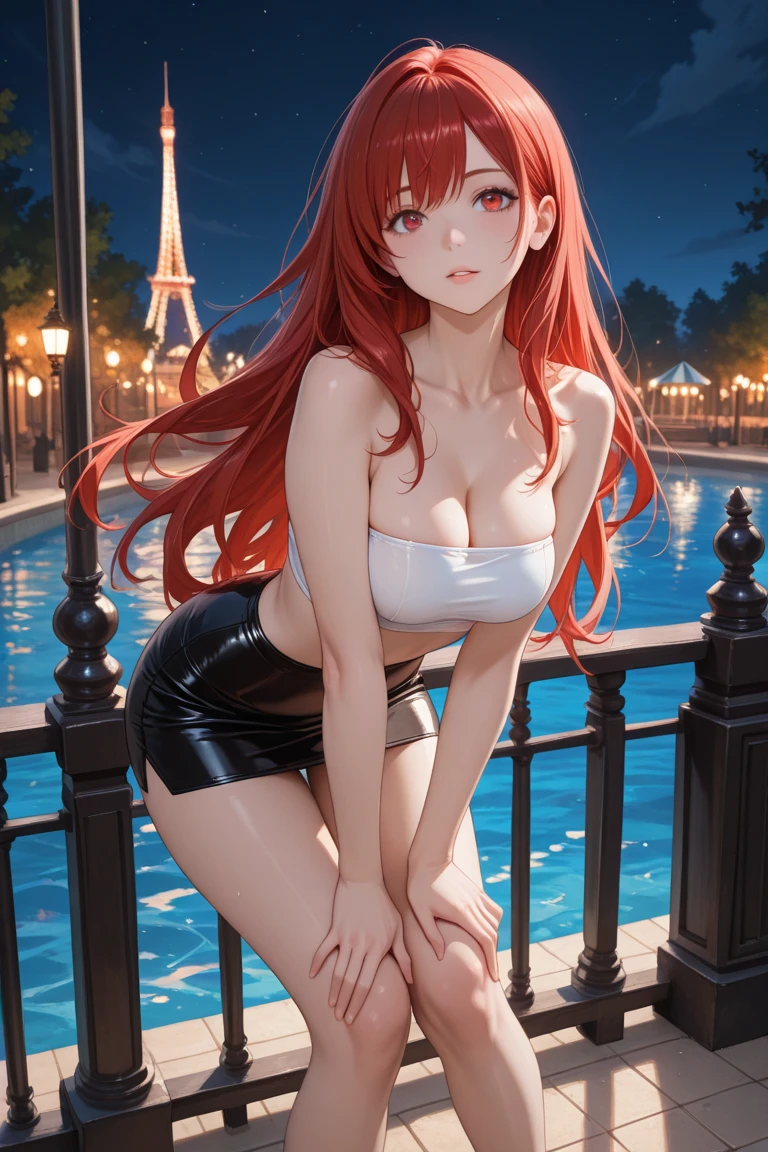Red hair, Black bikini, Paris, Eiffel Tower background, one Tower only, blue eyes