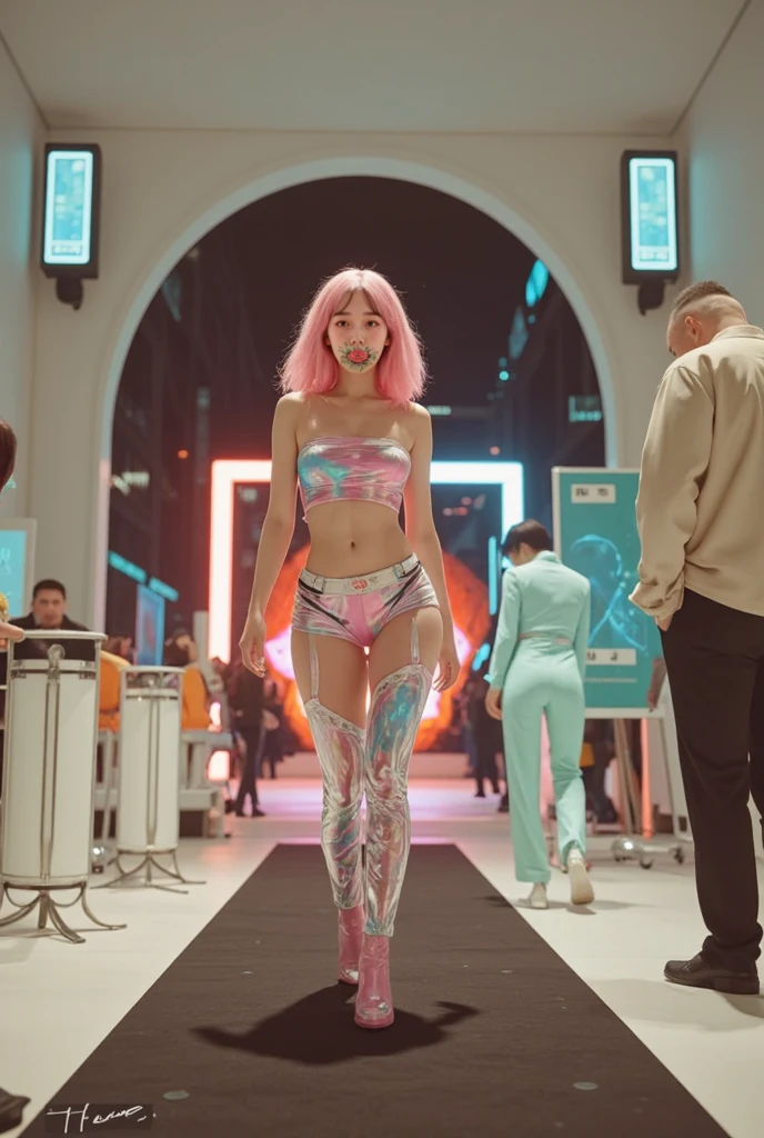A beautiful biracial latina woman, blue long wavy hair, light blue eyes, large breasts, elegant pose, Parade on the podium of a fashion show, white neon, holographic designer clothes, lot of photographer, cold white Light scene,Résolution Haute,