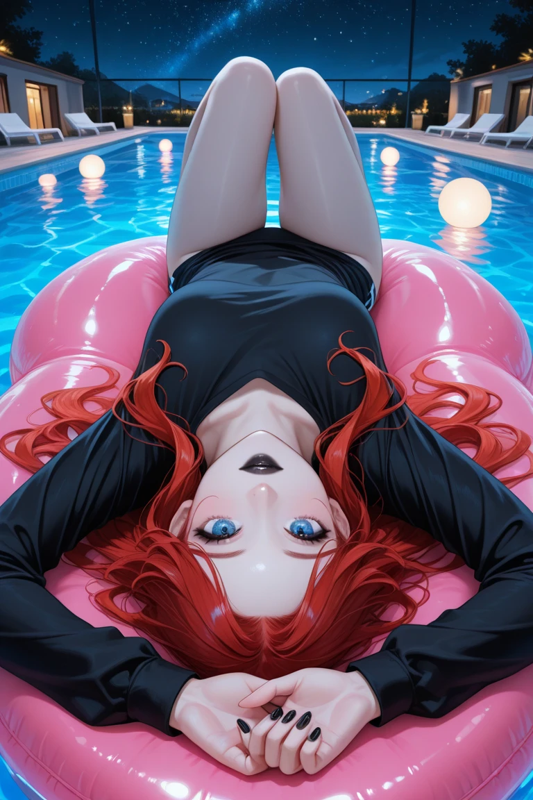 best quality, ultra-detailed masterpiece, anime art style, cute character, nino nakano, large breasts, blush, smile, one-piece swimsuit, pantyhose, upside down