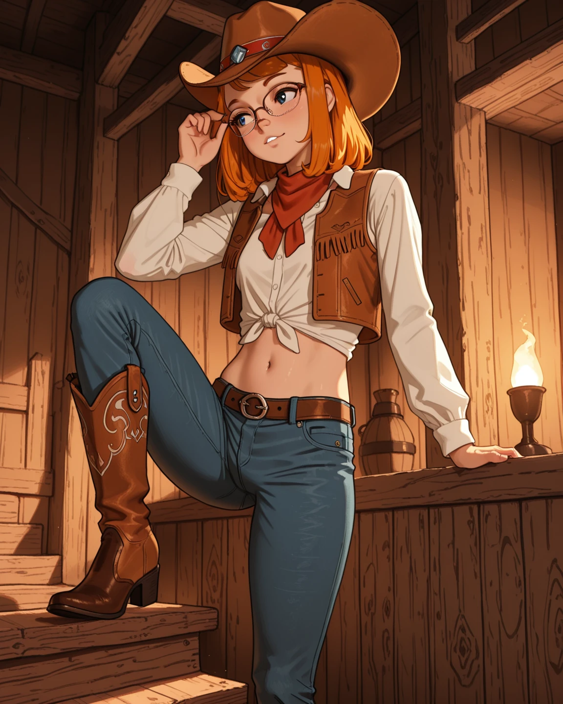 Hentai anime style, Hoshizora rin love live , orange hair, yellow eyes,dressed in traditional cowboy attire, sitting , cleavage, sunlit background, wears a wide-brimmed cowboy hat adorned with a decorative band ,leather cowboy boots ,Her outfit includes a plaid shirt with rolled-up sleeves, a classic denim vest, and a leather belt , golden hour light, casting a soft glow on her and highlighting the textures of her clothing and surroundings