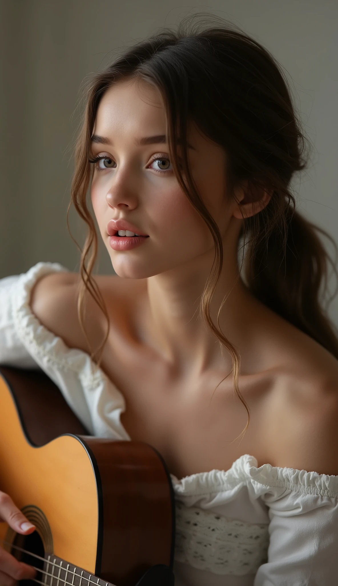 a pretty girl is singing and playing guitar, half body, eyes open