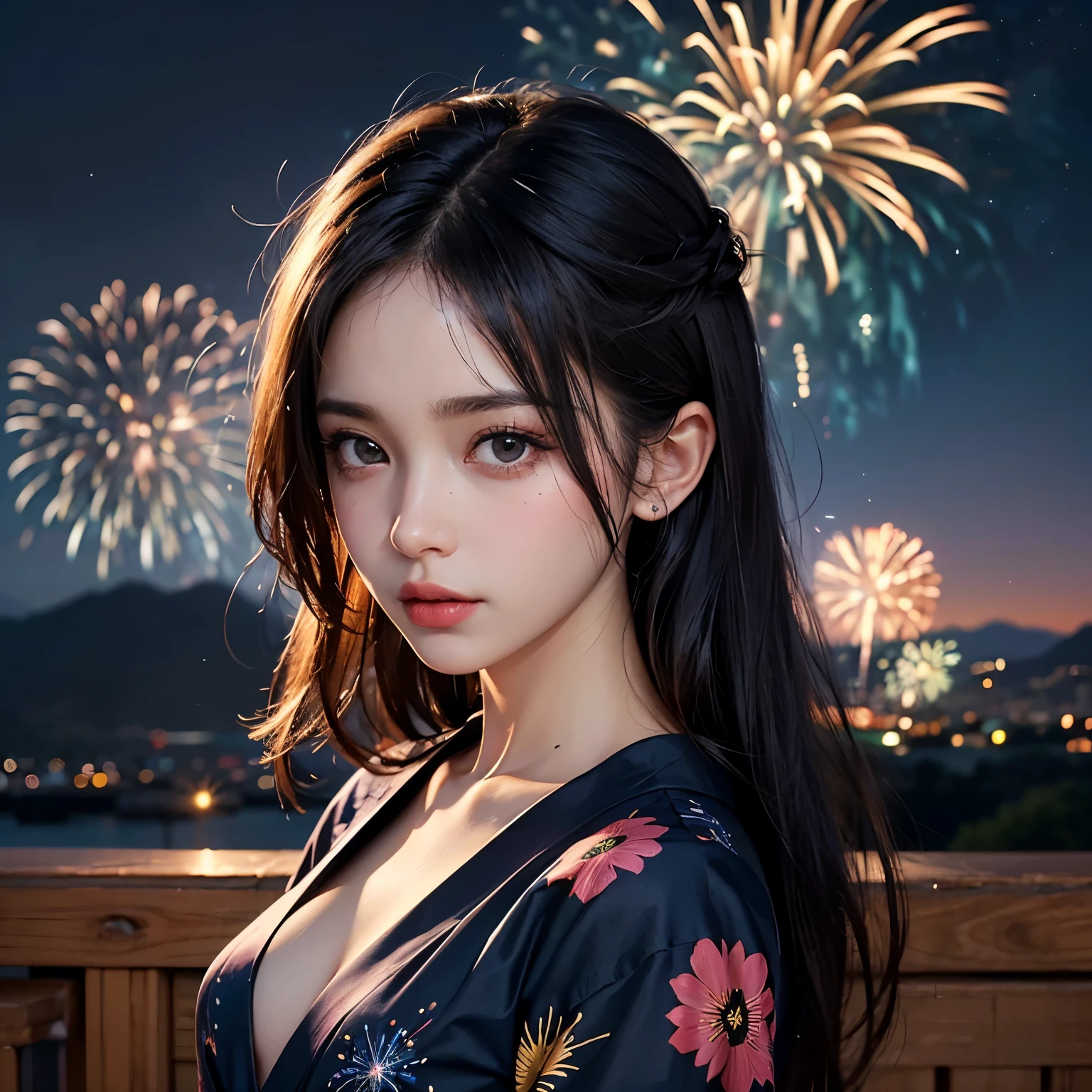 Kimono,See-through fabric,Light fabric,See Through,clear,18+,Nobra,big breastm,Central Tokyo,japan,อาหารjapan,Long, straight hair that reaches the bottom.,nighttime,firelight,Looks happy.,smirk,kawaii,moon,moon backdrop,bokeh,firework,carnival,rocket,
drop shadow, anaglyph, stereogram, tachi-e, pov, atmospheric perspective, 8k, super detail, ccurate, best quality