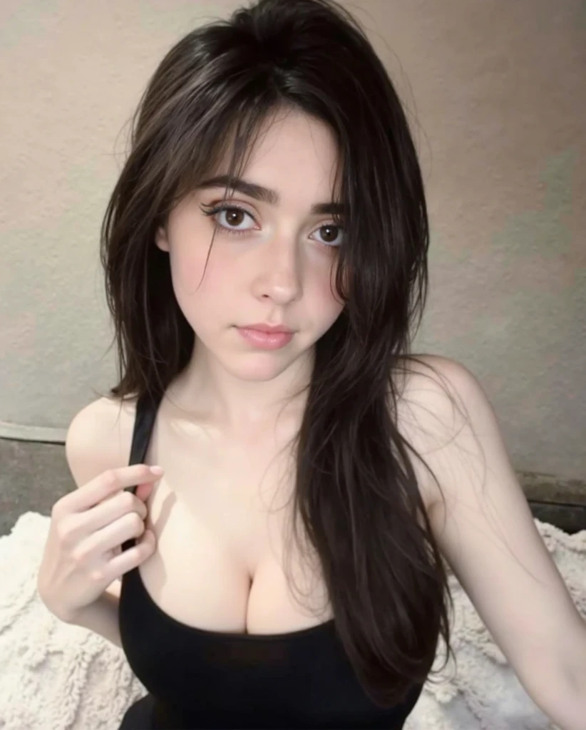 A girl with brown hair in black red dress dark brown eyes pale skin color 