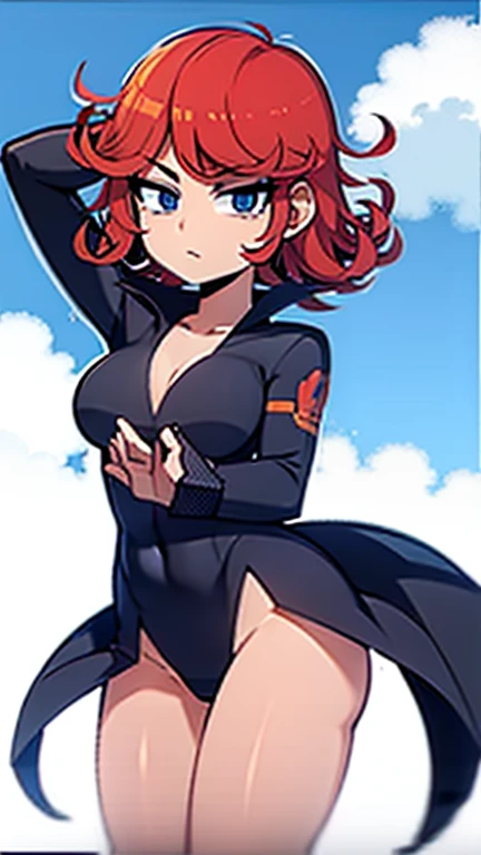 Strong woman with half white and half red hair, Boku no hero style, black leagwear, High Heeled Boots, with a thin waist, smiling face, with blue fire super powers