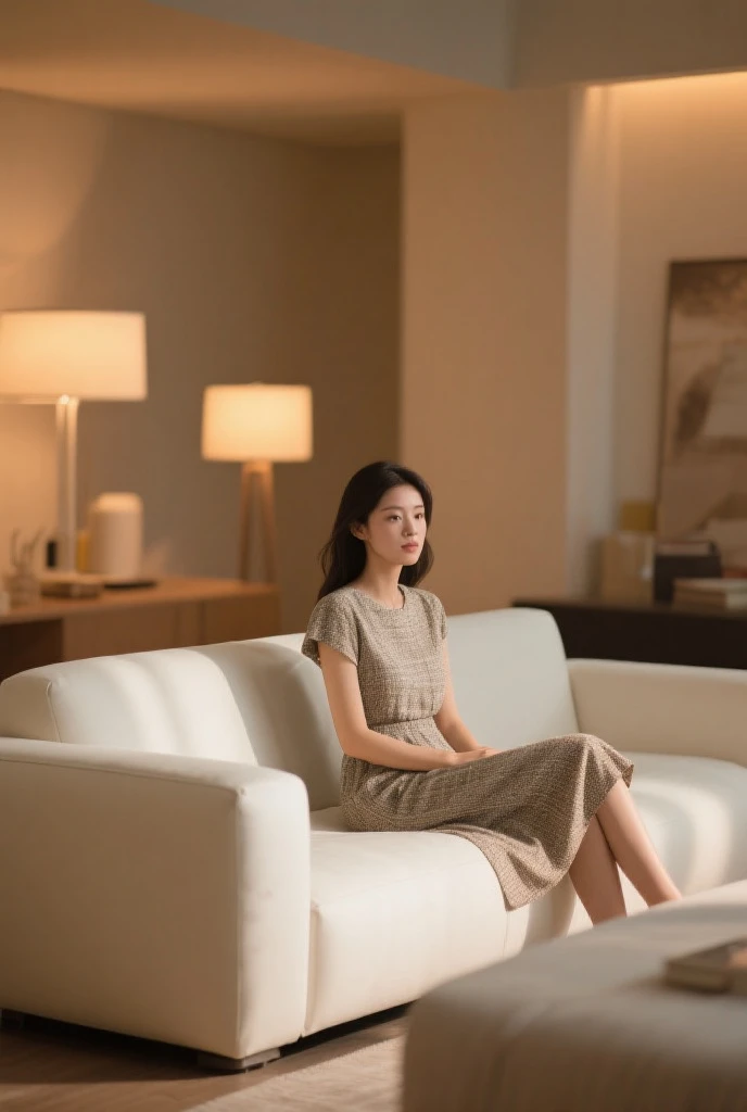 (best quality,4k,8k,highres,masterpiece:1.2),ultra-detailed,(realistic,photorealistic,photo-realistic:1.37),interior design,minimalist style,woman sitting on a sofa,marble backdrop for TV,wooden floor,coffee table