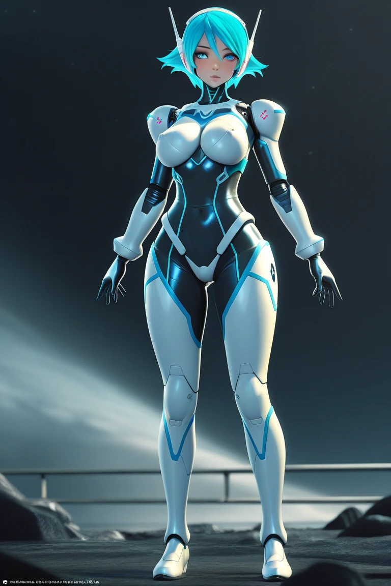 Dronificated unknown woman in a fully enclosed white latex fullbody suit with white lights across the suit and heart shaped glowing core in the chest, fully enclosed cyber helmet that cover her whole face and hides her identity with only two glowing white lines in it's otherwise, empty white face, huge breast, narrow waist, wide hips and thick thigs in a storage, no face, no hair, no mouth, no eyes