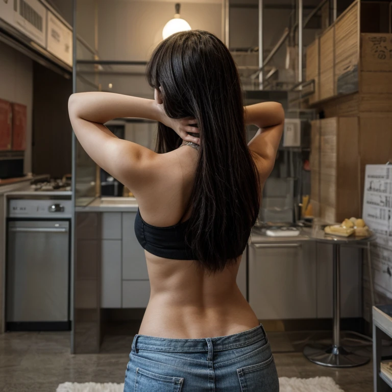 A woman standing saw her back
