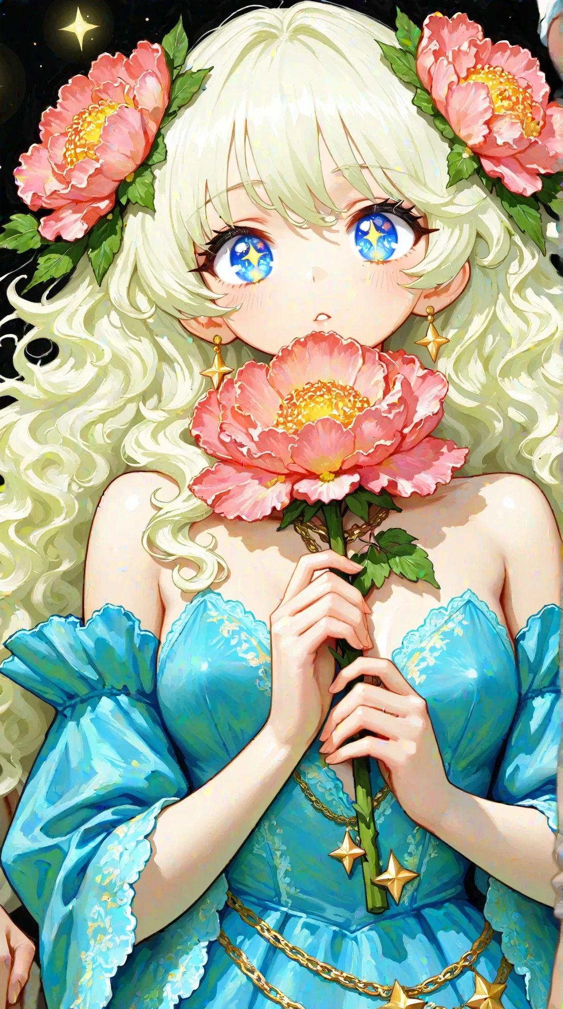 Rococo style，of people，Aesthetic and dreamy digital oil painting，Anime oil painting： beautiful big eyes，Long wavy hair， gorgeous dress ，holding a peony flower in the hand，star chain，Plaster texture