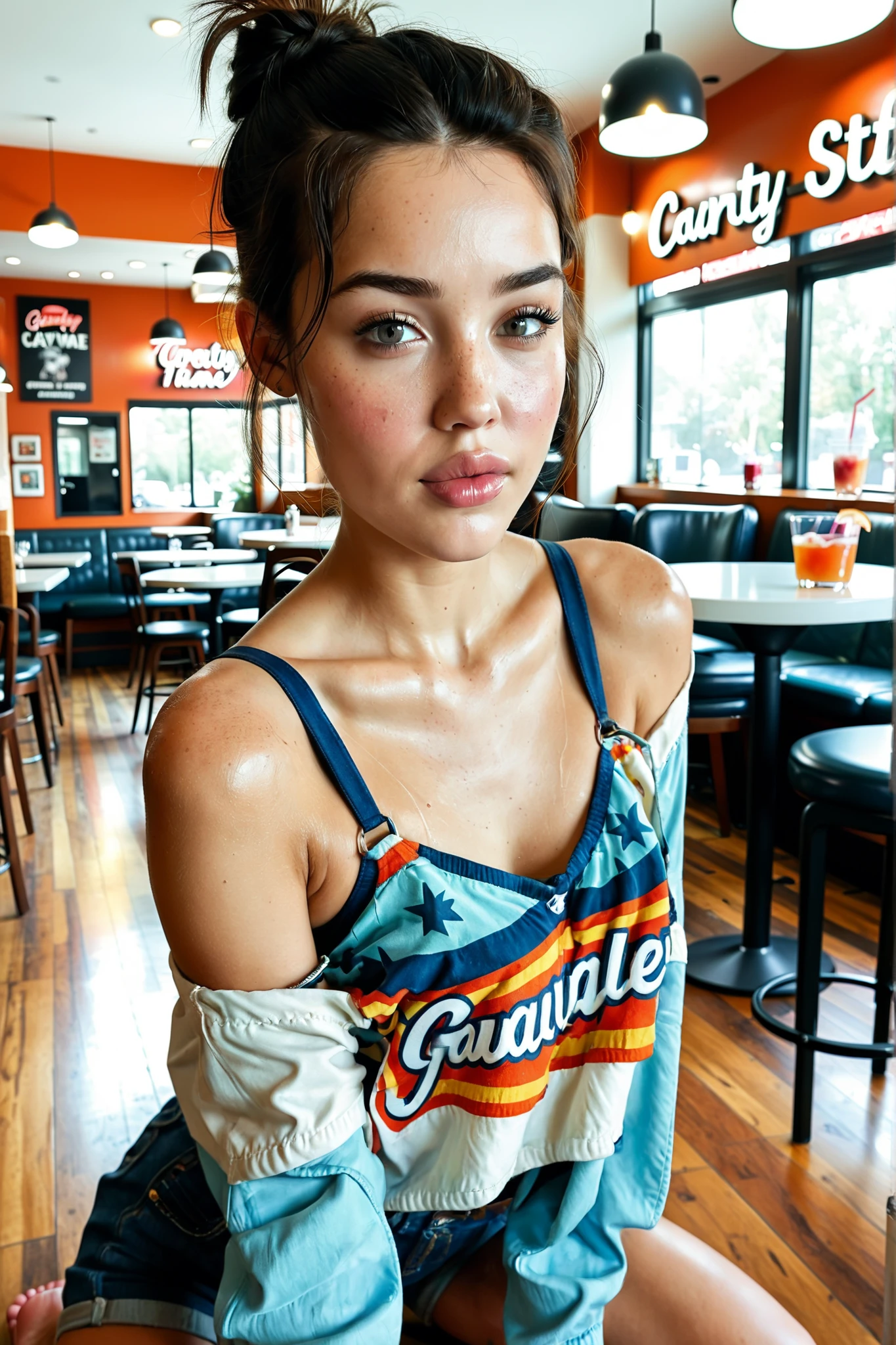A close-up artistic portrait of a young woman with pale, freckled skin, kneeling gracefully on the floor. The focus is on her delicate collarbones, slender shoulders, and glossy lips, subtly highlighted with a natural, dewy sheen. Her loose, messy hairstyle cascades softly around her face, adding a carefree vibe. She wears a loose-fitting work uniform with a shelf bra subtly visible, suggesting a casual, everyday setting. Her expression is confident and direct as she gazes up at the camera. The background is a softly blurred fast food restaurant interior, with warm lighting and muted tones to emphasize the subject. The perspective is slightly above, capturing her elegance and poise. Cinematic lighting, shallow depth of field, hyper-realistic textures, vibrant yet natural colors."