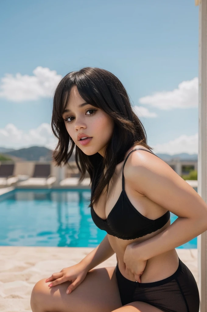 Photo of jortega posing in a black leather bikini, solo, black eyes, bob haircut, small breasts, facing camera, photograph, photoshoot, from below