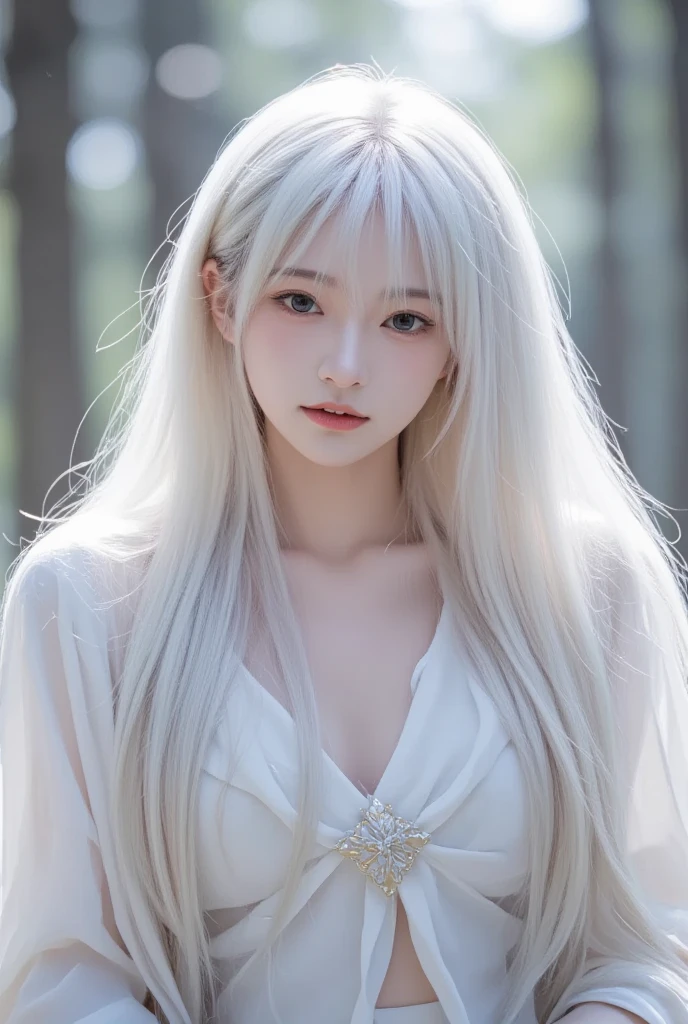 ((From the waist up))((masterpiece:1.5、8k、Portraiture、Photorealistic and highly detailed CGI、Very detailed、Particle Effects、Dynamic Effects、Written boundary depth、Cinematic Light、Lens flare、Ray Tracing、Tabletop、Realistic:1.4、Ultra-high resolution:1.2、Realistic、Realistic))((alone、,Woman in turtleneck dress:1.4、Model-like pose:、Side bust、Ample breasts、Detailed face、brightexpression、young, bright, Whiter skin、Best Looks、Ultimate beauty、White hair with glossy highlights:1.8、bright and shiny hair,、Super long, Silky straight hair、Hair swaying in the wind))(Wonderful transparent flowers々Surrounded by、White Background、Great background、Delicate petals fluttering down)