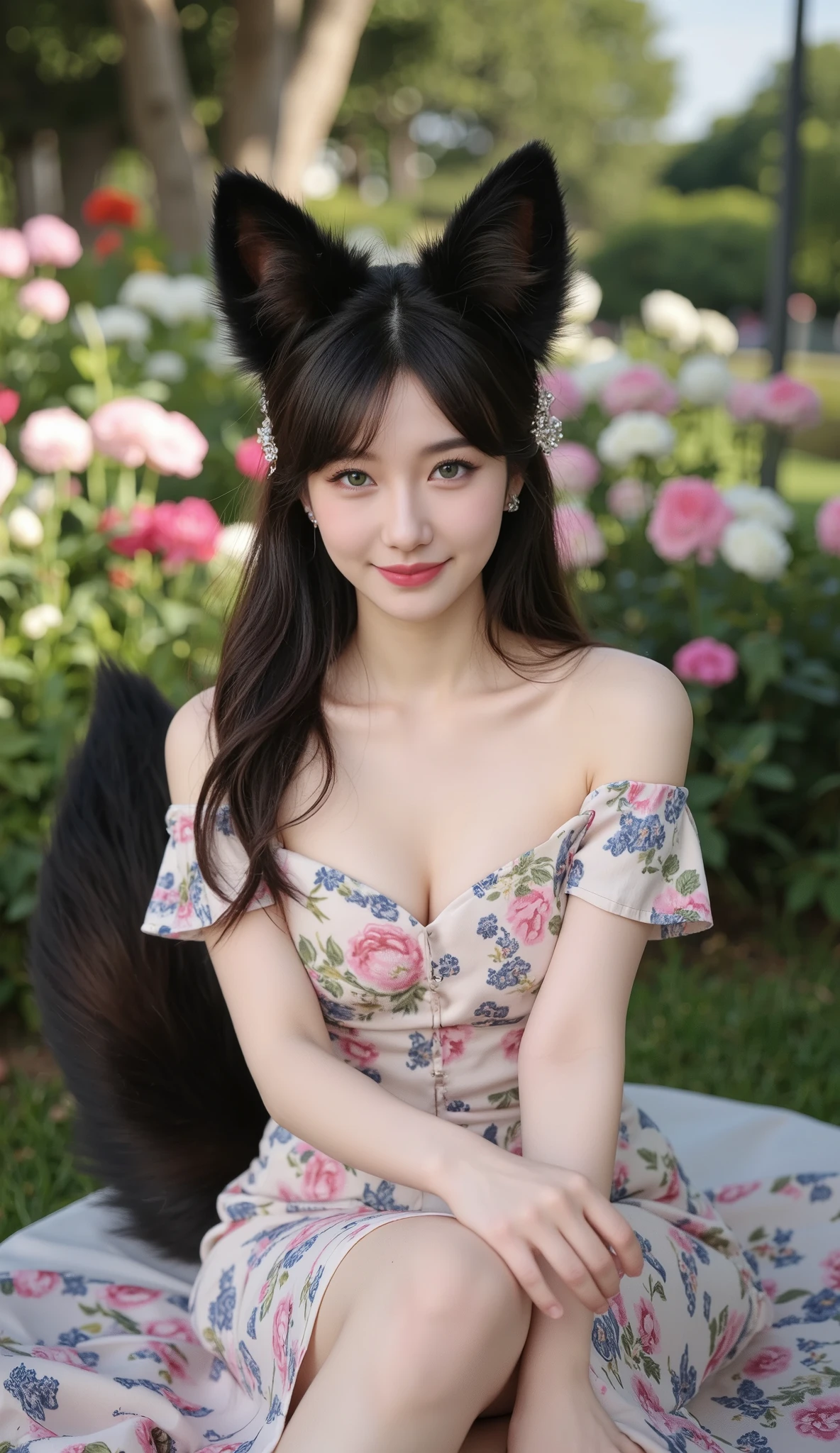 8 k, super detailed, high quality, smiling woman, like a heavenly goddess, dark fox tail, dark fox ears,  shiny green eyes , long dark hair , sitting in a garden with lots of flowers , in an elegant floral dress, hair jewelry. 