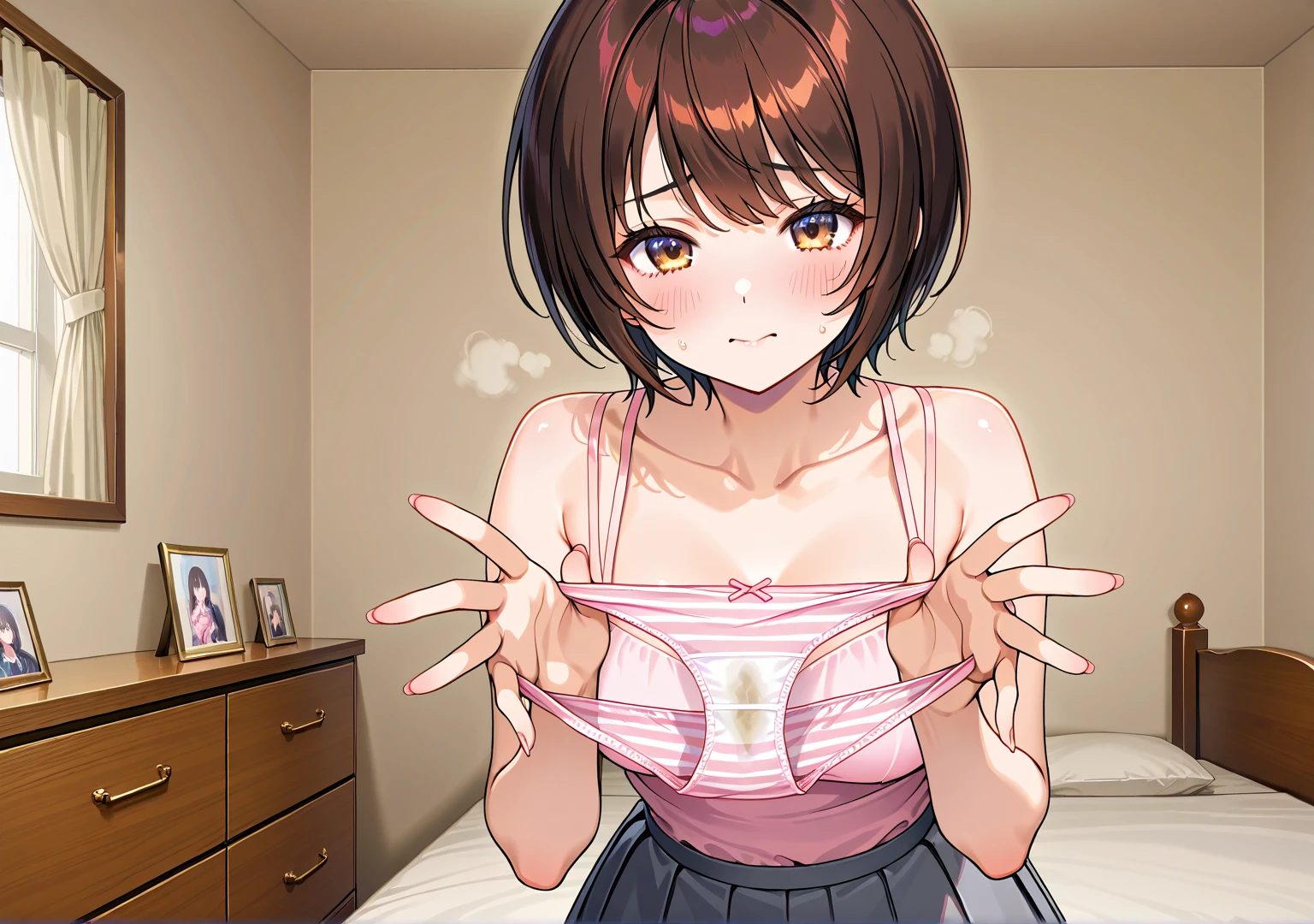 aged up,blush,breasts,brown eyes,brown hair,colored condom,nipples,nude,open mouth,pantyhose,shirt,skirt,used condom
