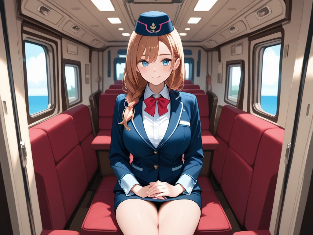 masterpiece,best quality,ultra detailed,8K,super fine illustration,highly detailed beautiful face and eyes,perfect anatomy,professional lighting,1 flight attendant,microskirt and boots uniform,orange and pink dress,smile,airplane interior,dynamic angle,depth of field,chromatic_aberration,masterpiece,best quality,very aesthetic,absurdres,newest,