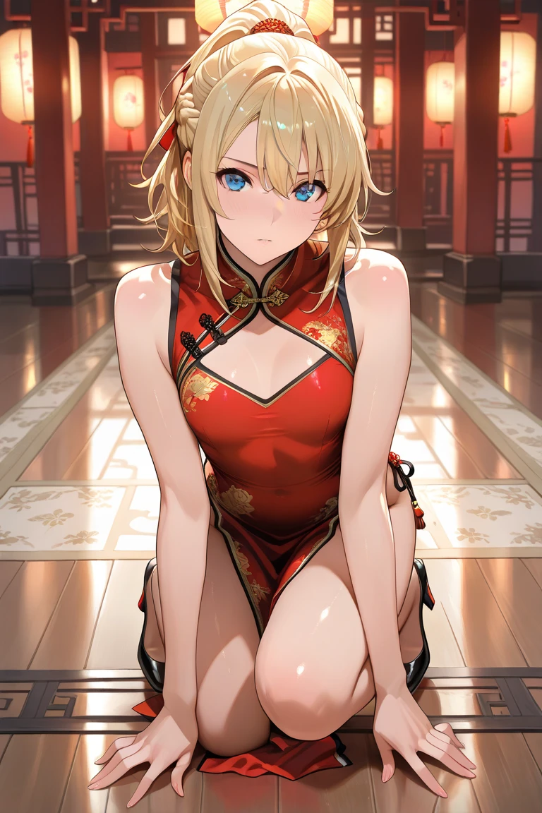 score_9, score_8_up, source_anime, solo, 1girl, tomboy, dress, hellsing, lole, young, ((aged down)), ikuchan, blonde hair, blonde hair, oriental, Chinese dress, short dress, indoors, apathetic, bored, boob window