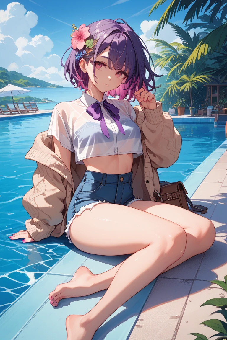 ((Highest quality)), ((masterpiece)), ((detailed)), (4K), nsfw, 1girl, 独奏, multicolored hair, lightpink hair, black hair, g-string, white T-shirt, glasses, large breasts, spread legs, (looking down), (from above), looking at viewer, wet, sweat, blush, angry