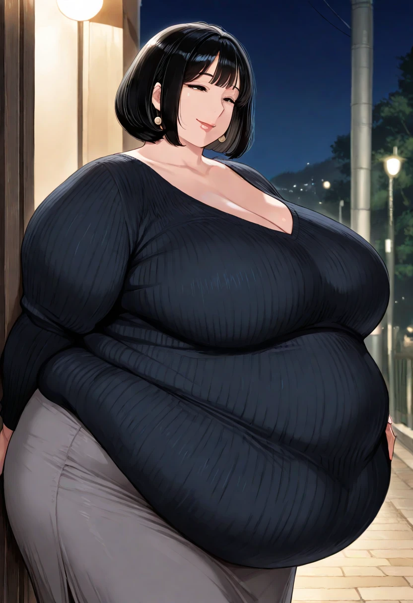 make whitehaired shorthair ssbbw fat mime girl in too tight black jeans and red stripes t-shirt she's in city