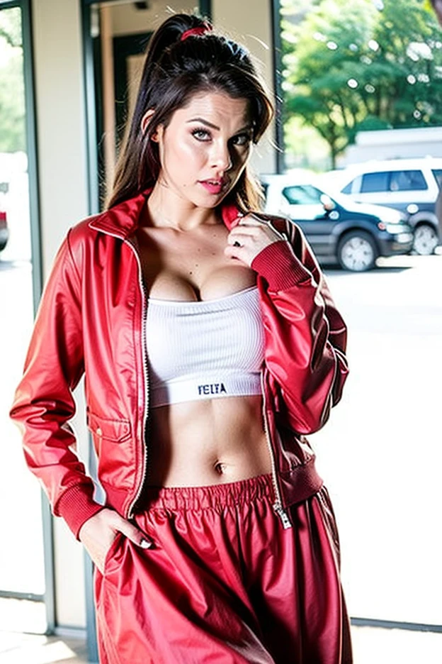 Beautiful voluptuous model in cap and red and black sportswear full body holding linear motorcycle tire with hands in low angle closeup with clean light gray background in studio