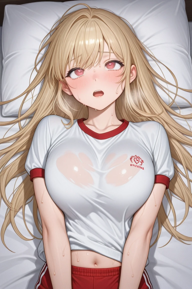 ((masterpiece)), (Highest quality), (detailed), (1 Girl),,Red eyes,Light brown hair、Long Hair、Wolf Ear、,bed、Large Breasts、Grin、T-Shirts(tight)Maxi Dresses