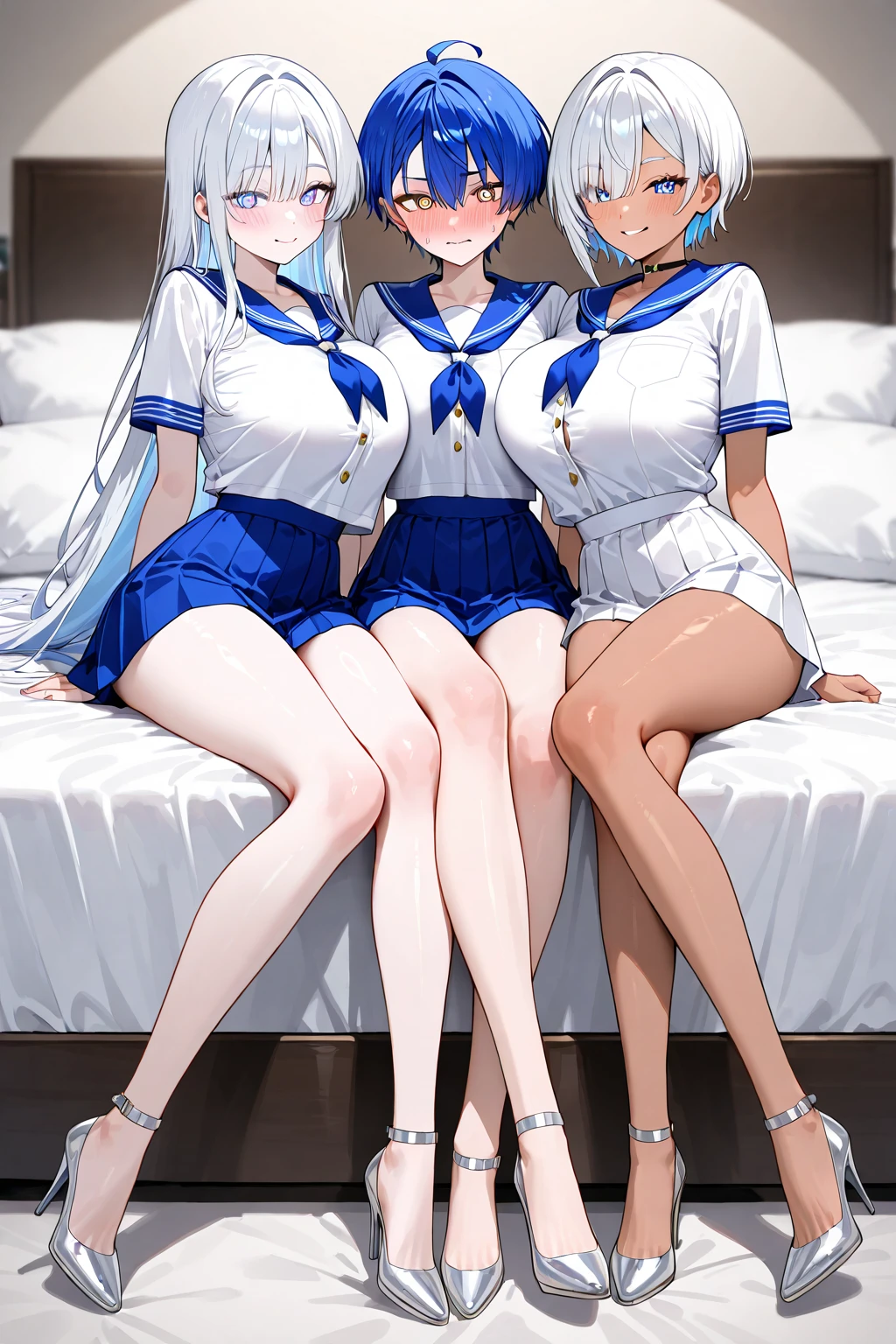 ((masterpiece, best quality, ultra quality, high quality, hyper detailed, intricate detailed, perfect anatomy, shiny skin, cowboy shot,)), (3 women:1.5), cute women are posing for a camera, (indoors, bed, pillow, from side,) (on bed), (Lifting SHIRT:1.3), (open your mouth and laugh:1.3), ray tracing, ((tits)), (small nipples), nipples, breasts, hair band, headband, hair bobbles, blouse, shirt, (line up in a row), 12 talents、、14 years oldd、 Asian, Weser hair, brown hair, blond hair, navel, jewelry, looking at viewer, necklace, long hair, short hair, (abs),(Depth of the bounds written), 