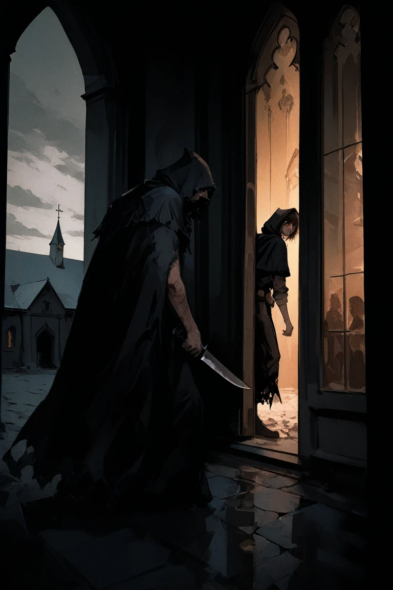 Jack of Shadows at the Sign of The Burning Pestle inn behind him stands Evene the beautiful mysterious half naked blonde witch,medieval