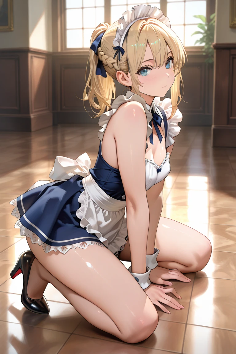 best quality,1girl,((((10 years old:1.3)))))),curvy,orgasm,blush, sweat,blonde hair,((maid)),mini skirt,stage,((lift skirt,upskirt,lace panties,white panties:1.1)),white kneehighs,sakurai momoka