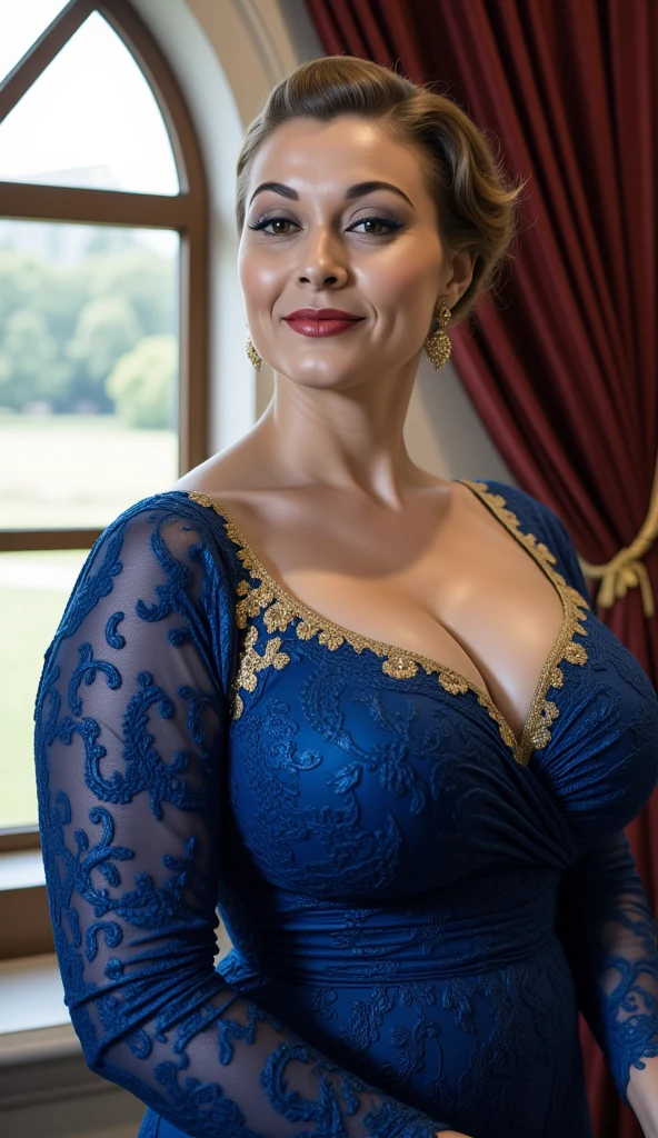  CHUBBY QUEEN, , BBW, photo vintage, visage feminin parfait, BLUEHAIR  , tache de rousseur, 1788, big huge breasts : 58H,FRONT VIEW, Rembrandt LIGHT ,  EXTREME LONG V-NECK, BIG CLEAVAGE,  BEAUTIFUL EYES, BEAUTIFUL HANDS, LIGHT SMILES,  PERFECT FACE, tres long décolleté, CASTLE BACKGROUND, QUEEN, NECKLACE, RING, JEWELERY RICH, SFW, FULL BODY, COLORFUL, ITALIAN, ROYAL LINGERIE, ROYAL BEDROOM 