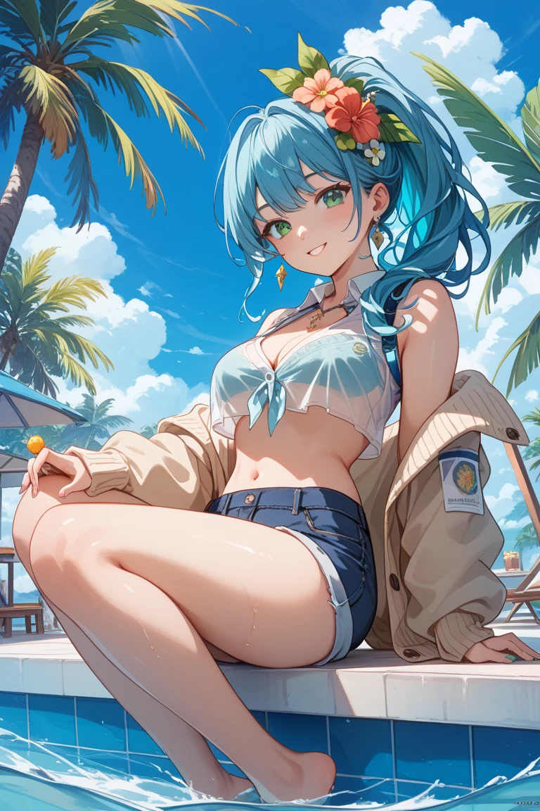 A cute white shirt that makes her look beautiful 、Unbuttoned white shirt、Blue 3/4 Cup Bra、Light blue frilled flared skirt、She holds up her skirt with both hands、Showing off her cute white underwear、The white underwear you can see when you lift up your skirt is cute、Sandy Beach, Beautiful sea, Night and starry sky