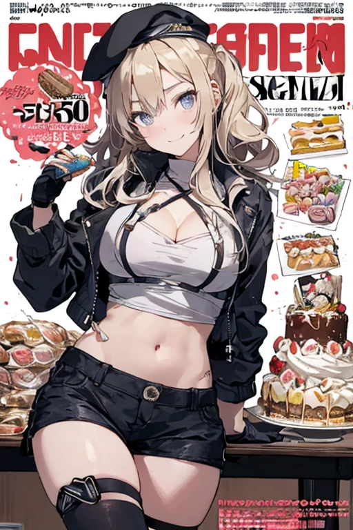 (masterpiece:1.2), (Military uniform magazine cover:1.4),best quality,PIXIV,Sweet girl , sexy posture,1girl, (perky chest:1.2), rolling upskirt by wind:1.6, (with sparkling eyes and a contagious smile),open mouth, (pointed chest:1.2),fishnets, black hair, boots, long hair, black nails, skirt, shirt, black footwear, bag, black skirt, jewelry, jacket, thigh strap, bangs, necktie, earrings, nail polish, multicolored hair, looking at viewer, full body, bottle, own hands together, belt, jacket on shoulders, food, cats on head, ring, choker, english text, collared shirt, blue eyes, hat, lace-up boots ,masterpiece、highest quality、Very detailed、An illustration、Beautiful fine details、One Girl、cute、Detailed landscape、Training Room Background:1.4、Platinum Blonde Hair、Braided Ponytail、Red camisole、((c cup breasts, Tank top showing underboob:1.4))