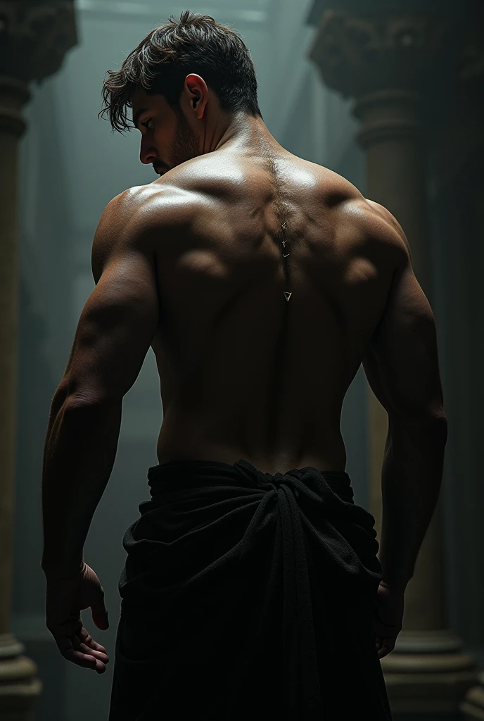Jamie dornan as a muscular monk with a Chinese dragon tattoo on his back, looking over his shoulder, hyperrealistic, highly detailed, dramatic lighting, cinematic composition, realistic skin texture, powerful, intimidating, mystical, spiritual, fantasy