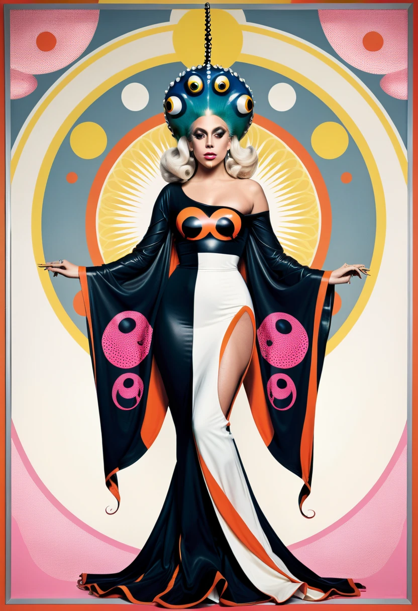 Foto de Lady GaGa textura 4K, vestido de cadenas,joyas y diamantes naranja,neon,cabello extravagante, imagen en 8k, alta costura, flashes, alta calidad de imagen,vestido neon, rostro realista, varias poses corporales, cuerpo completo, imagen 8k, Sharp image,HD, gafas azules, rostro HD,fondo de galaxia, Very sharp and detailed face