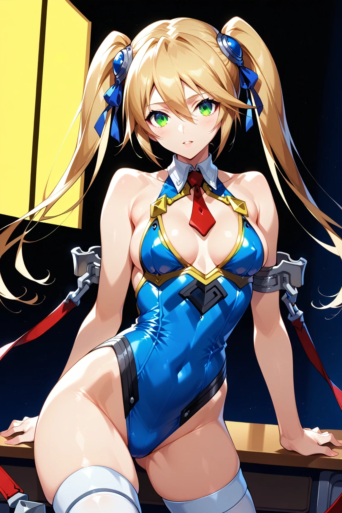 bradamante, blonde hair, blue eyes, braid, french braid, long hair, twintails, two side up,
covered navel, elbow gloves, gloves, leotard, thigh strap,dynamic angle, (upper body:1.3),open mouth, embarrassed ,blush,(spread legs:1.3),(legs up),spread armpit, arms behind head,(cameltoe:1.3),top-quality,Top image quality,perfect anatomy,masterpiece,ultra-detailliert,Beautiful,ultra-quality, best quality,high resolution, ultra-detailed,game cg,dutch angle ,beautiful detailed eyes,visualart,five fingers, perfect hands,