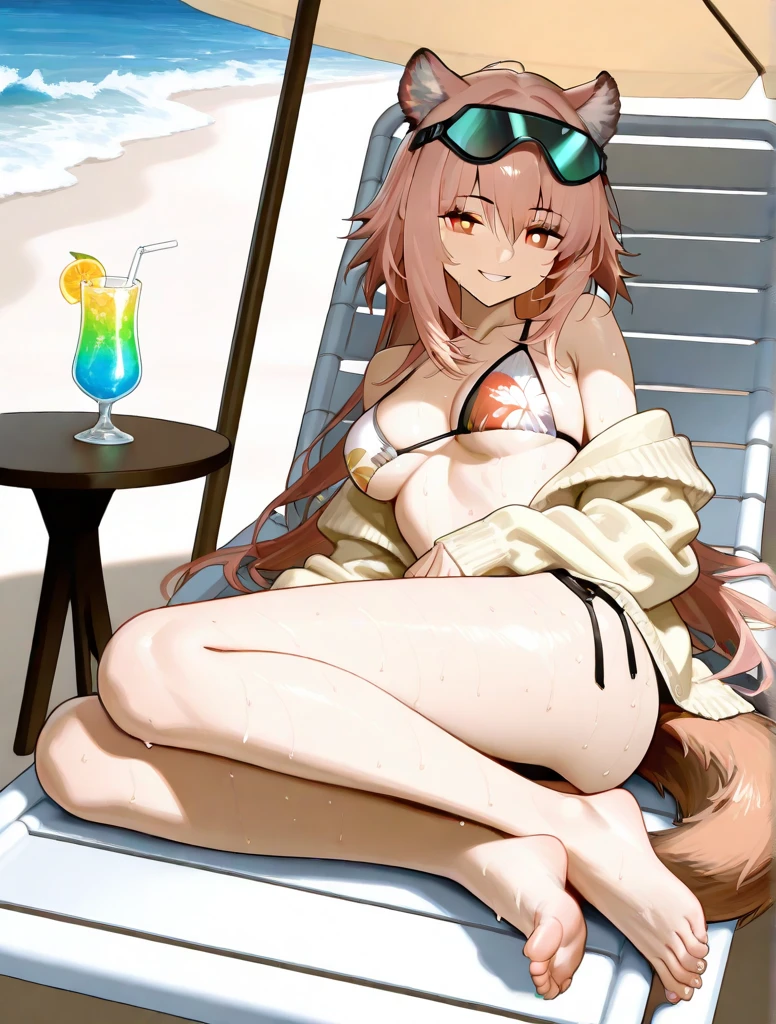 、Big 、long legs、Wear a bikini、Rabbit ears、slippers，foot，Coke in hand、squat
