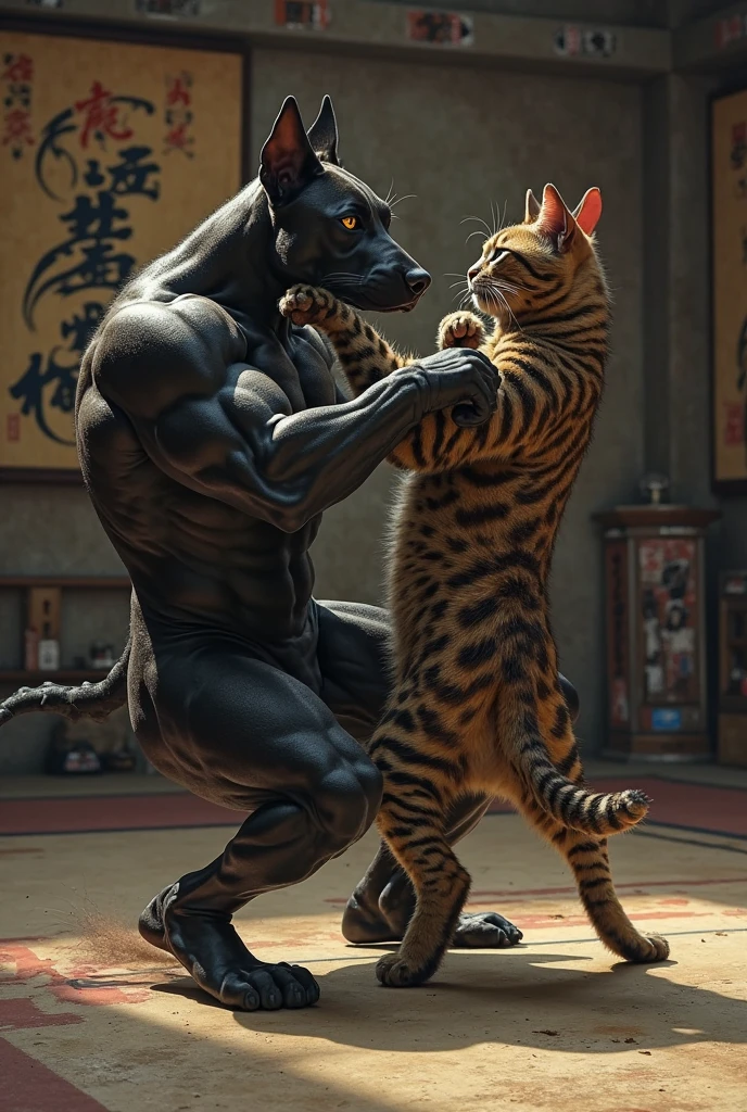 a muscular cat fighting a dog, detailed fur and muscles, intense battle, cinematic lighting, dramatic action pose, highly detailed feline anatomy, animalistic aggression, realistic textures, dynamic motion blur, gritty urban environment, moody shadows, powerful claws and fangs, intense glaring eyes, fur standing on end